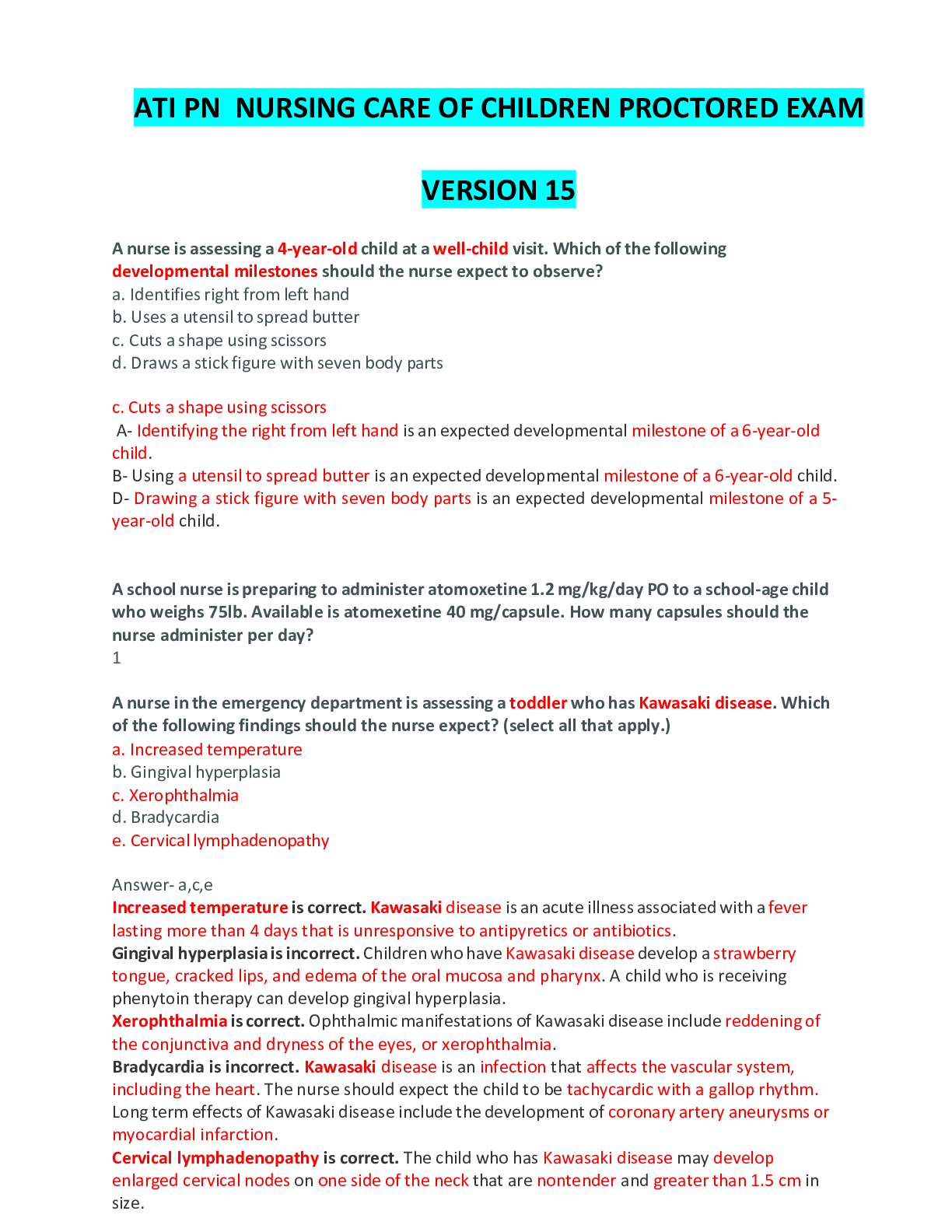 Preview of ATI PN  Nursing Care Of Children Proctored Exam Version 15 Complete Questions & Answers wi